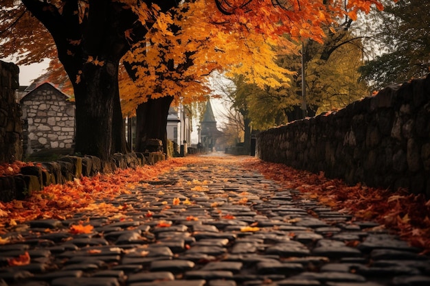 Vibrantly colored autumn leaves strewn on a cobblestone path leading to a cemetery