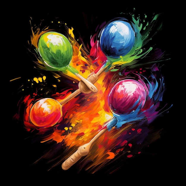 Vibrantly colored maracas in motion