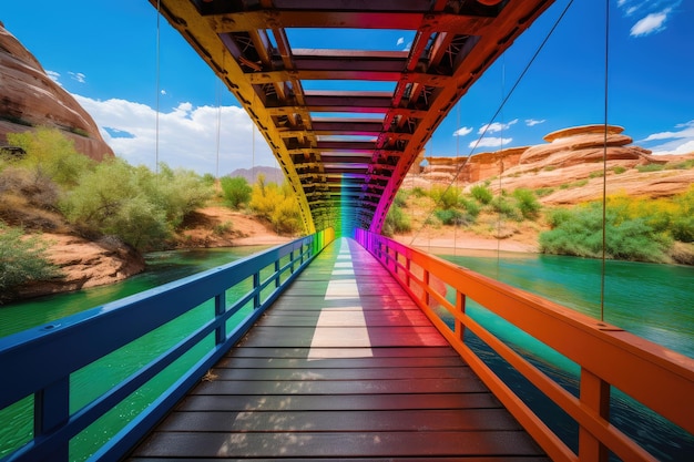 Vibrantly colored rainbow bridge connecting two distant lands