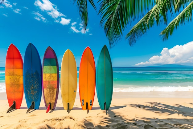 Photo vibrantly colored surfboards standing in the tropical beach sand with the ocean in the background