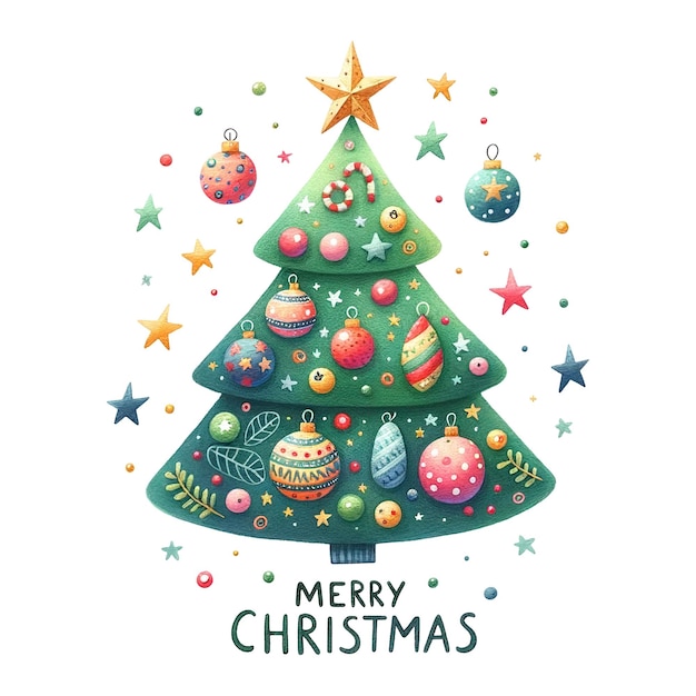 Vibrantly decorated Christmas tree with ornaments stars and Merry Christmas text