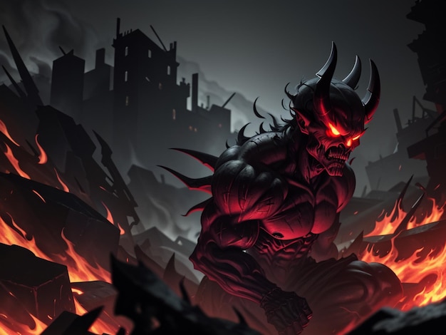 vibrate image of a scary Demon in a hellish chaotic and gloomy setting surrounded by destruction