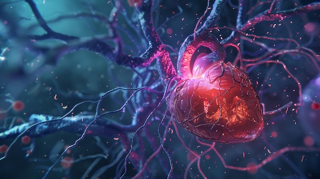 Vibrerend gloeiend hart te midden van een netwerk van slagaders afgebeeld in een highdefinition 3D-beeld met een stemming