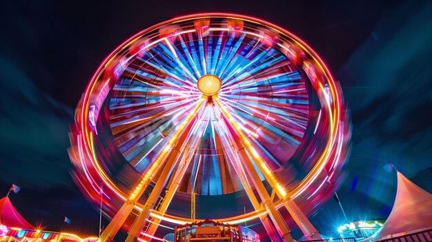 Vibrerend reuzenwiel's nachts Kleurrijke lichten in beweging Een boeiende scène van een pretpark Leuk Perfect voor gezinsvermaak Content AI