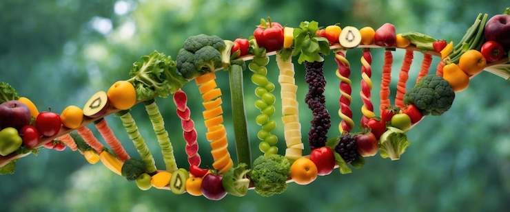 Foto vibrerende spiraalvormige dna-helix gemaakt van vers fruit en groenten die gezondheid symboliseren