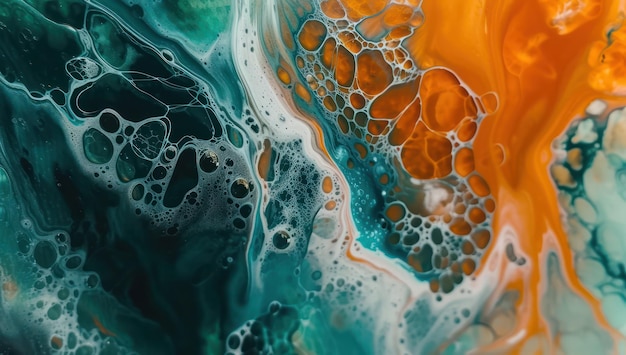 Foto vibrerende turquoise en oranje acryl gieten met dynamische wervelingen en cellen