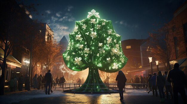 Vibrerende verlichte boom schijnt helder in het stadsbeeld Nacht St. Patrick's Day