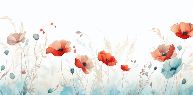 Vibrerende waterverf Poppy Border Art Een symfonie van rood in bloei Generatieve AI