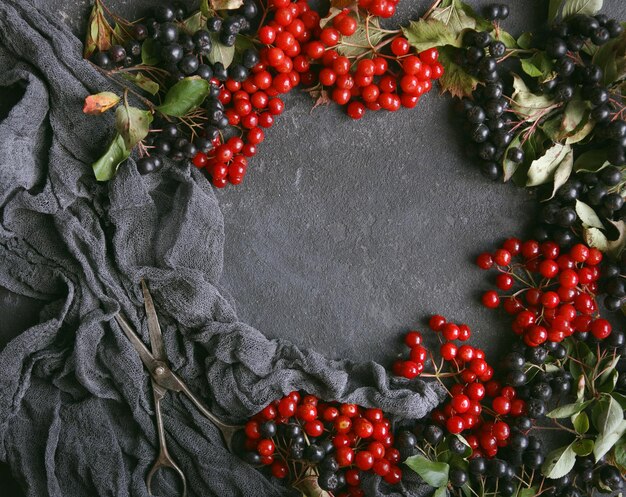 Viburnum en lijsterbes met grijs servet en vintage schaar op een donkere stenen achtergrond, kopieer ruimte