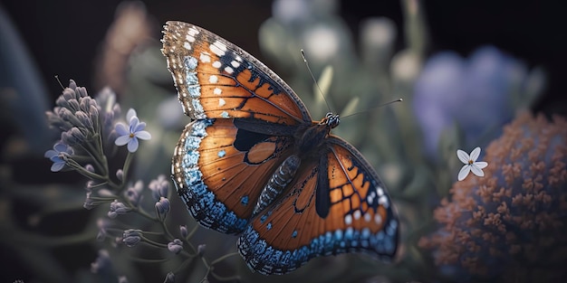 Viceroy butterfly on blue flowers Generated by AI