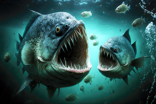 Vicious and predatory piranhas with sharptoothed mouth hunt in water created with generative ai