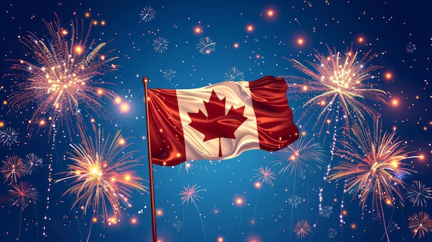 Празднование Дня Виктории Канадский флаг и фейерверк