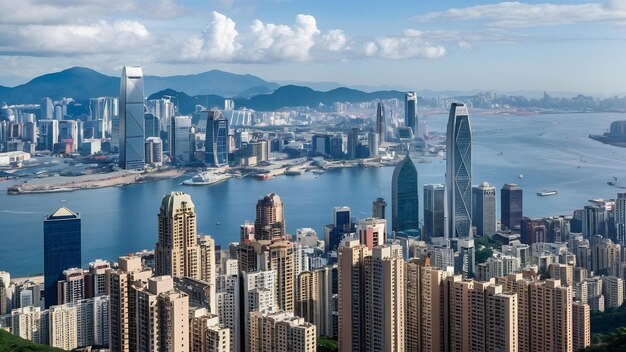 Victoria Harbour luchtbeeld met de skyline van Hong Kong en stedelijke wolkenkrabbers overdag