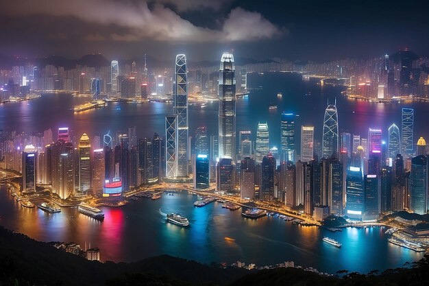 Victoria Harbour skyline's nachts in Hong Kong