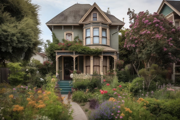 Victoriaans huis omgeven door weelderige tuin vol levendige bloemen en groen