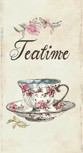 Victoriaanse Tea Party Postkaart met een theekop Border Teatime Illustratie Vintage Postkaart Decoratief