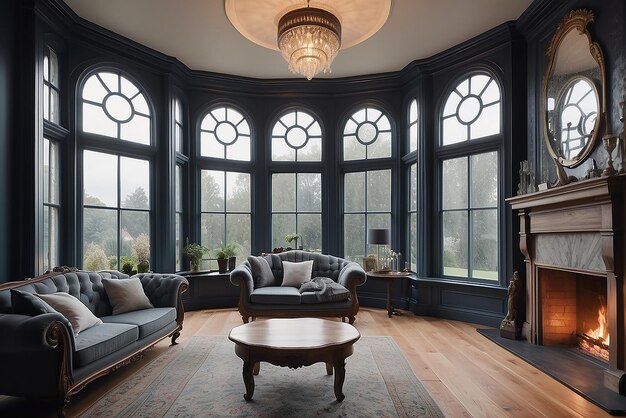 Photo victorian bay window in living room with fireplace