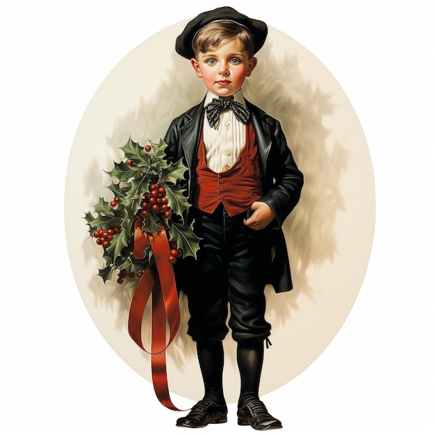 Photo victorian christmas boy with wreath