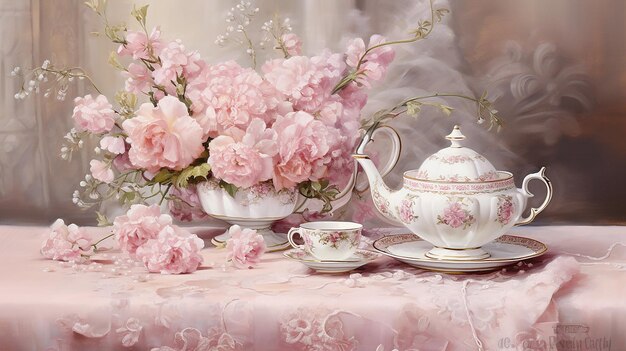 Victorian Elegance Pink Tea Time Painting