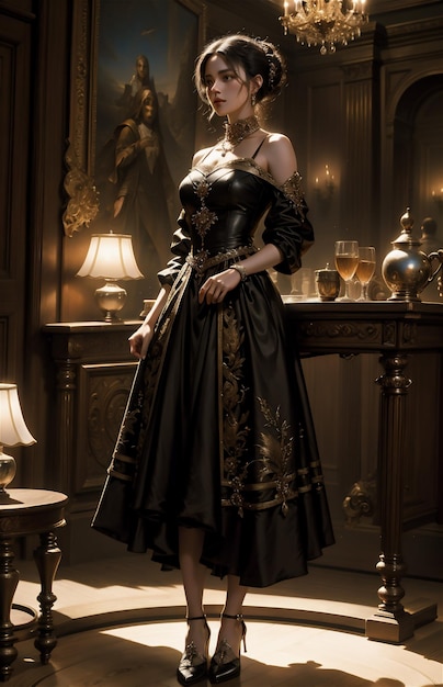 빅토리아 시대 개념 우아한 역사적인 드레스와 헤어 스타일의 아름다운 여성이 빈타에서 포즈를 취합니다.