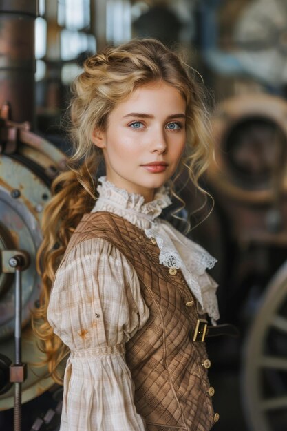 Victorian Era Inspired Portrait of a Young Woman with Antique Atmosphere in Old Workshop