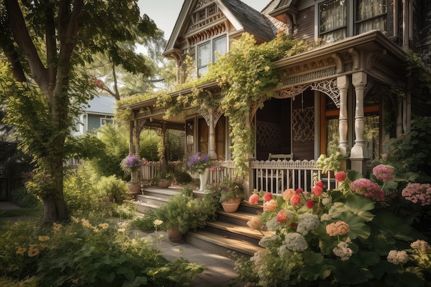 Victorian house surrounded by blooming flowers and foliage with wooden porch