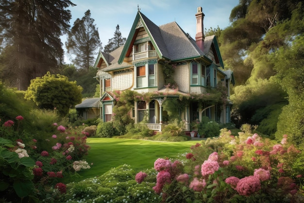 Victorian house surrounded by lush greenery and flowers in garden