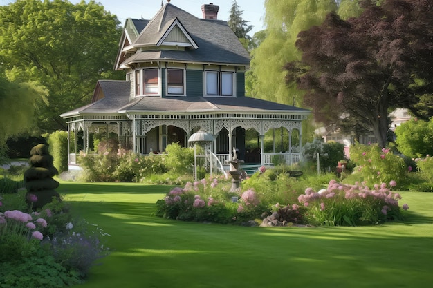 Victorian house with sprawling green lawn and gazebo surrounded by blooming flowers