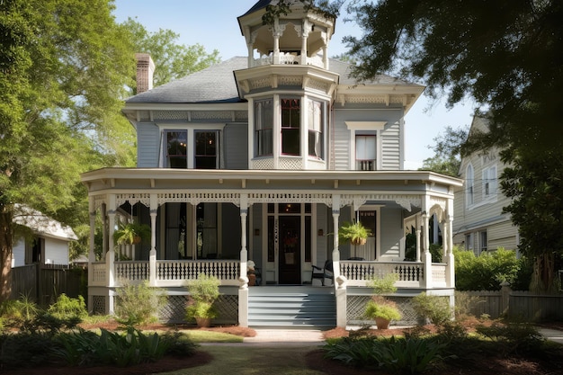 Victorian house with wraparound porch and hanging lanterns