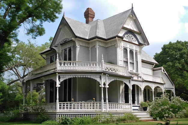 Victorian house with wraparound porch and lattice work