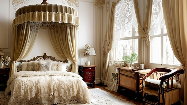 빅토리아 시대에 영감을 받은 럭셔리 호텔 침실 장식과 캐노피 침대, 렌즈 커튼, 고대 가구