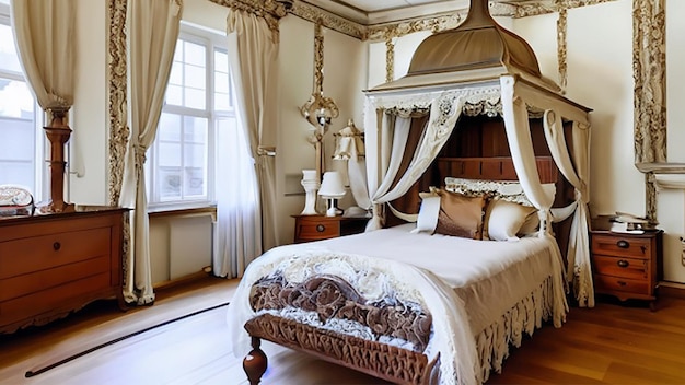 Victorian inspired luxury hotel bedroom decor with a canopy bed lace curtains and antique furniture