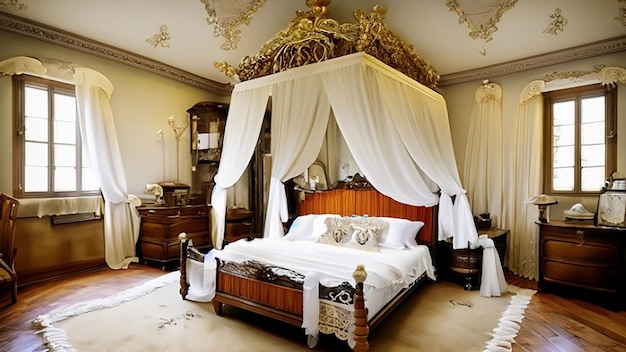 Victorian inspired luxury hotel bedroom decor with a canopy bed lace curtains and antique furniture