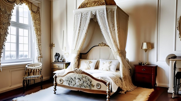 Декор спальни роскошного отеля в викторианском стиле с кружевными занавесками на кровати с балдахином и антикварной мебелью