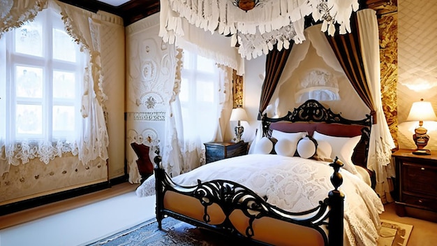 Victorian inspired luxury hotel bedroom decor with a canopy bed lace curtains and antique furniture