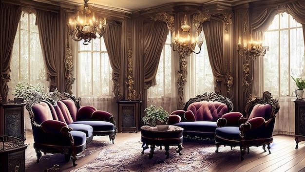 Photo victorian inspired parlor with ornate furniture and velvet drapes