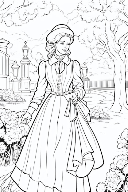 Victorian lady in the park Black and white illustration for coloring book