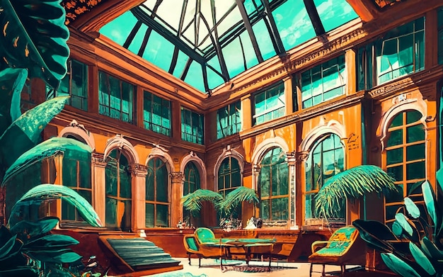 Photo victorian library with glass roof in tropical area cinematic painting illustration conceptual a