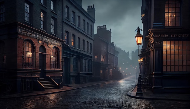 Victorian London on a moody evening with gas lights Al generated