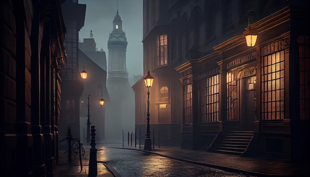 Victorian London on a moody evening with gas lights Al generated