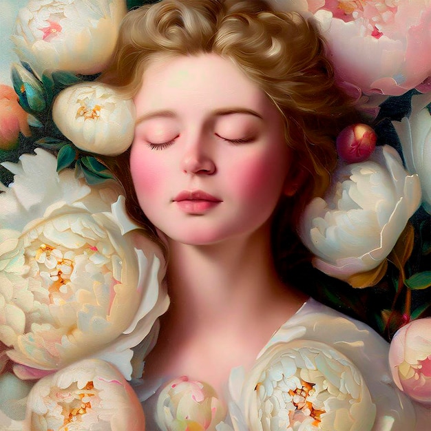 目を閉じて花の中に横たわる若い女性を描いたビクトリア朝の写実主義の絵画