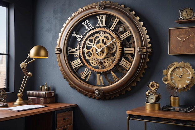 Photo victorian steampunk gear wall clock in an office setting