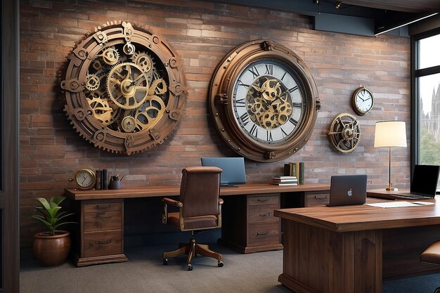 Photo victorian steampunk gear wall clock in an office setting