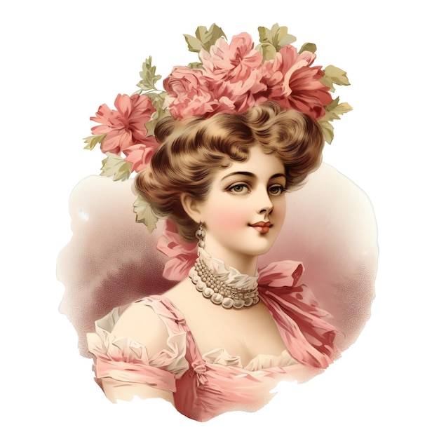 Victorian watercolor woman with pink dress floral illustration