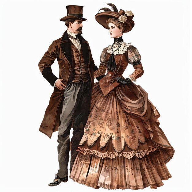 Викторианская женщина в коричневом платье с викторианским мужчиной портрет винтажная мода