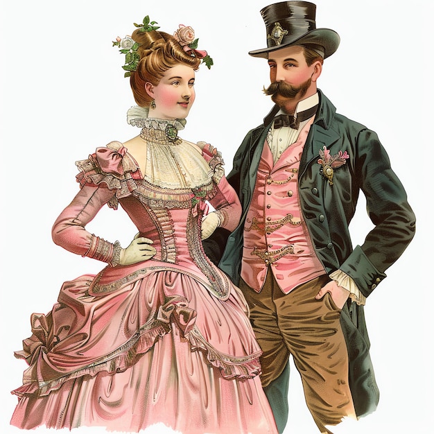 写真 ビクトリア時代の女性ピンクのドレスを着てビクトリア時期の男性の肖像画ヴィンテージファッション