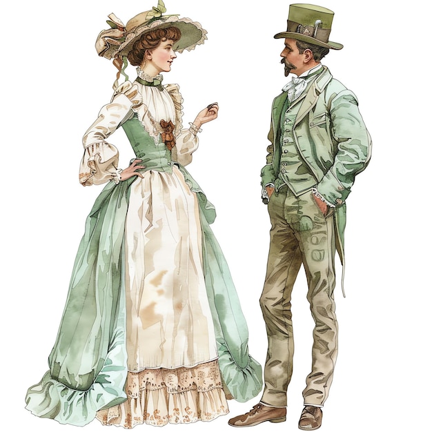 Photo victorian woman in mint and white dress with victorian man portrait vintage fashion