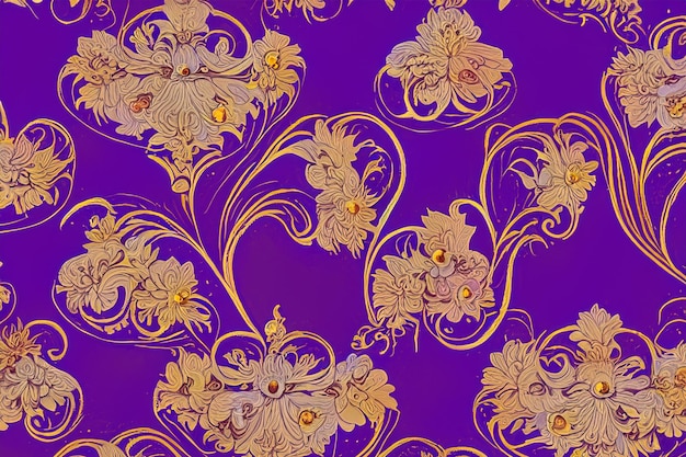 Victorianera floral wallpaper designs with a color scheme of rich purples and gold accents