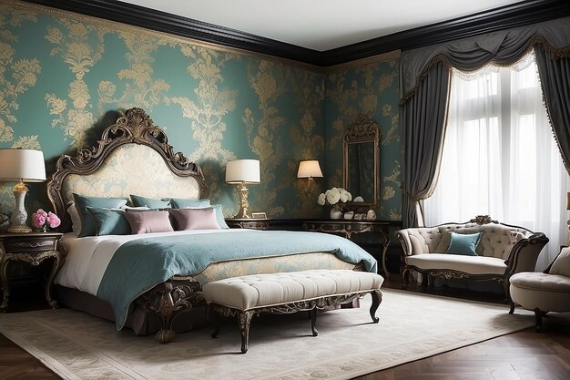 Photo victorianinspired bedroom with an ornate bed frame and elegant wallpaper