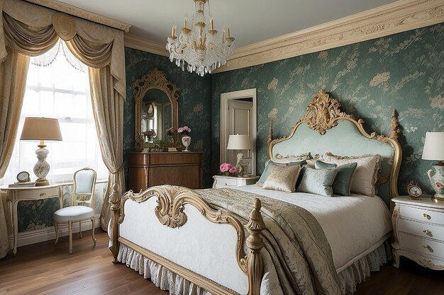 Photo victorianinspired bedroom with an ornate bed frame and elegant wallpaper